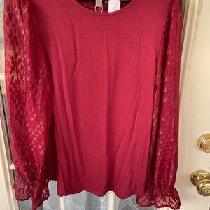 🍷 Cupio Pomegranate Red Sheer & Patterned Sleeve Blouse – Size L – NWT 🍷